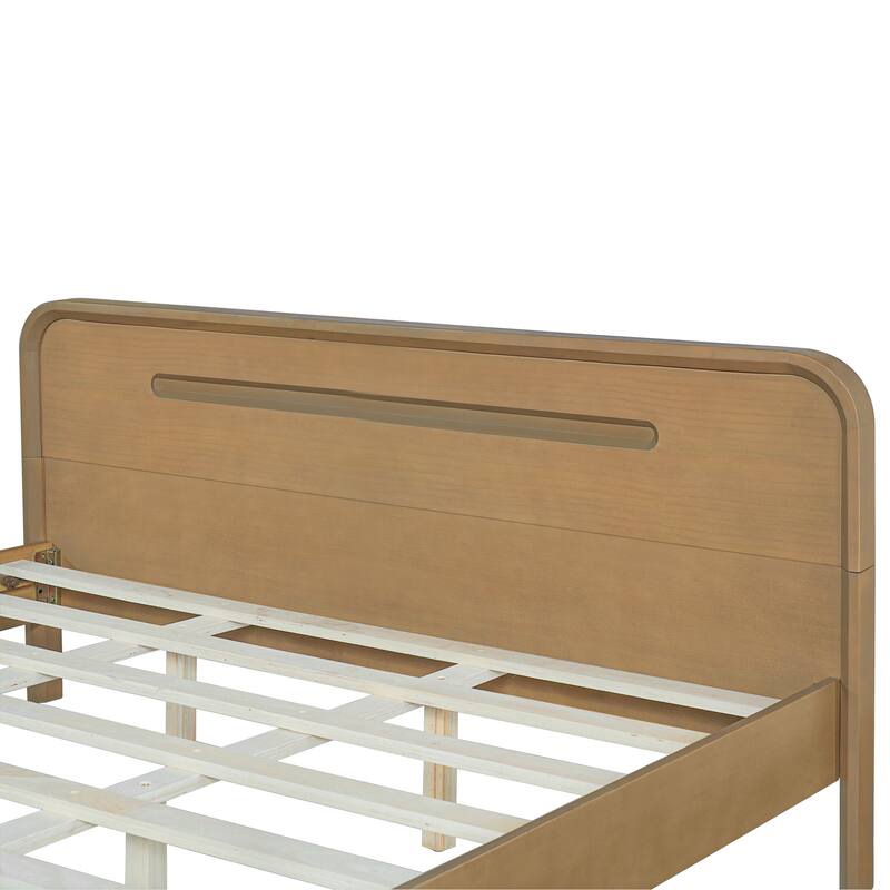 Rustic Pine Wood Bed Frame Low-Profile Platform Bed with Panel Headboard Solid Wood Slat Support and Extra Wide Thickened Legs