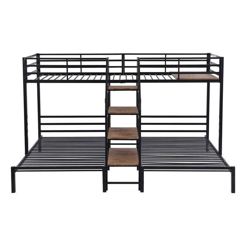 Metal Triple Twin Bunk Bed with Staircase Storage and Guardrails, Space-Saving Design