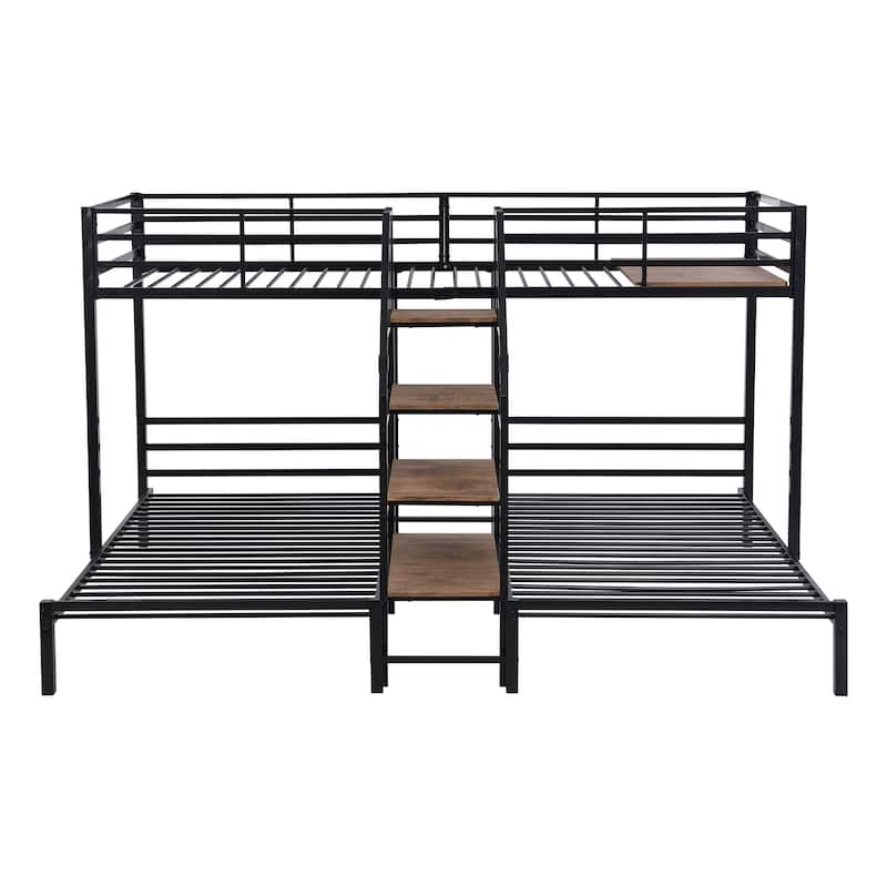 Metal Twin over Twin & Twin Bunk Bed with Storage Shelves Staircase, Triple Bunk Bed Frame, No Box Spring Needed for Kids