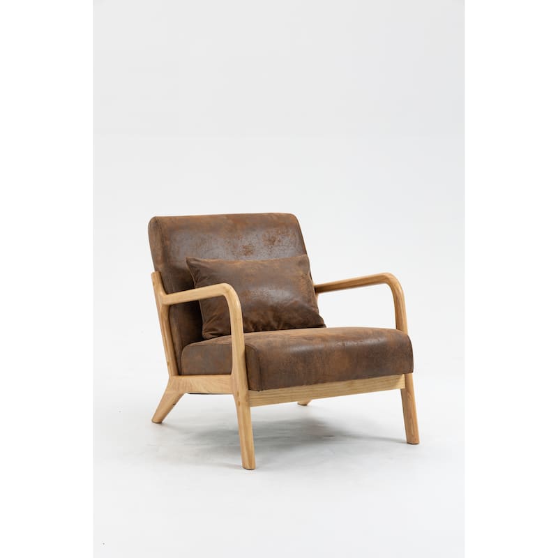Mid Century Modern Accent Chair with Wood Frame, Upholstered Living Room Chairs with Waist Cushion, Reading Armchair - Brown