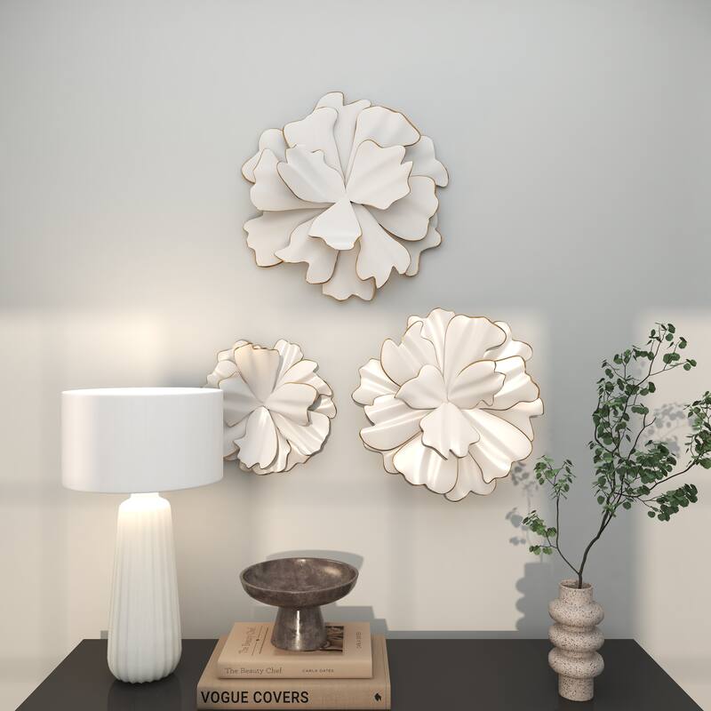 White Metal 3D Floral Home Wall Decor with Gold Edges (Set of 3)