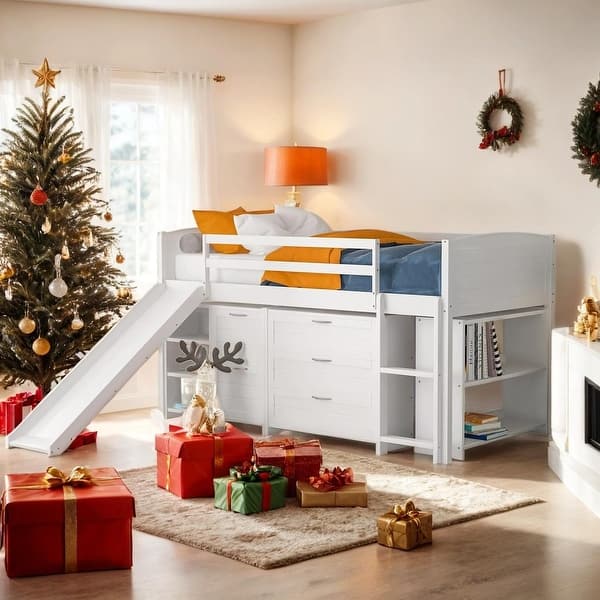 slide 2 of 30, Low Twin Size Loft Bed with Cabinets, Shelves and Slide, White White
