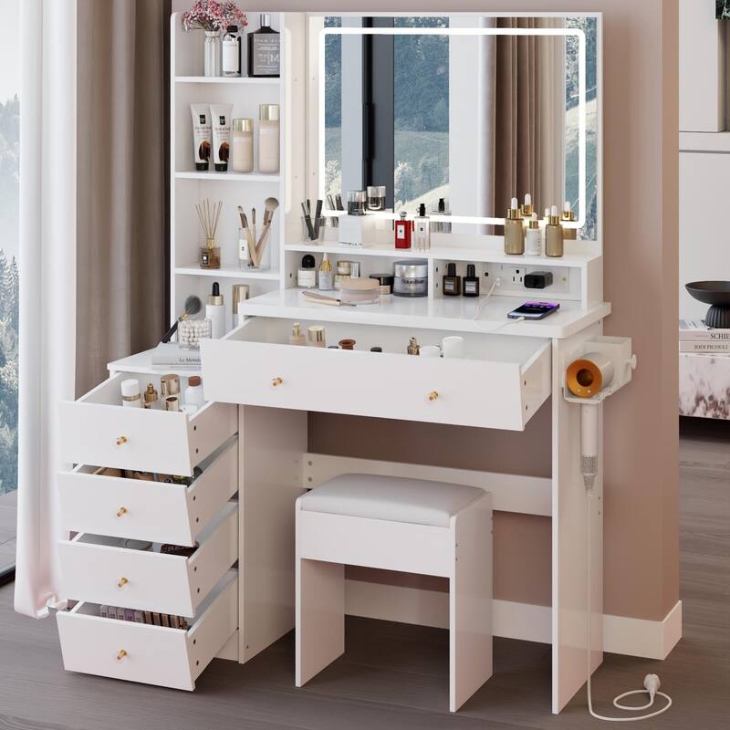 Vanity Desk with Touch Control LED Mirror, Makeup Table with Hair Dryer Stand, Vanity Table Set with Cushioned Stool