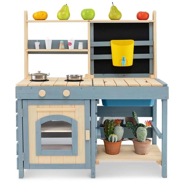 slide 2 of 6, 2 in 1 Fir Wood Outdoor Play Kitchen & Grocery Store for Boys Girls Blue + Natural
