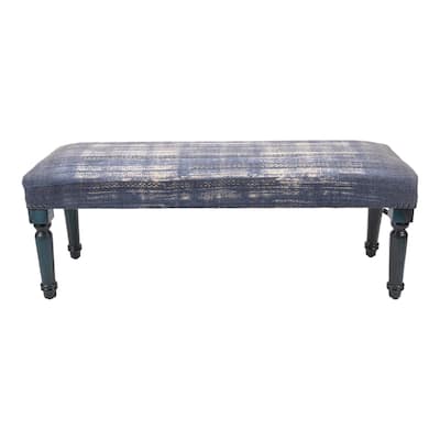 Wood Blue Ivory Cotton Upholstered Bench Distressed Finish Nailhead Trim - 16” D x 47” W x 18” H