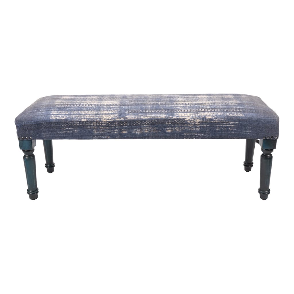 Wood Blue Ivory Cotton Upholstered Bench Distressed Finish Nailhead Trim - 16” D x 47” W x 18” H