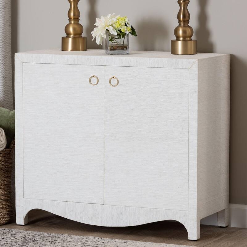 Ximena Grasscloth Storage Cabinet - 2-Door Woven Accent Cabinet with Gold Ring Pulls for Living Room, Bedroom, or Entryway