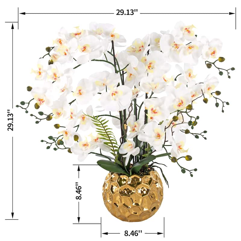 11 Stems Real Touch White Phalaenopsis Orchids with Green Leaf in Gold-Plated Ceramic Pot - 29.13" H x 29.13" W x 29.13" D