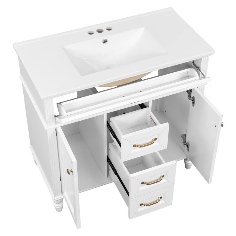 GDF Studio - Sunny Modern Solid Wood + MDF 36-Inch Bathroom Vanity with Ceramic Sink and Flip-Out Drawer