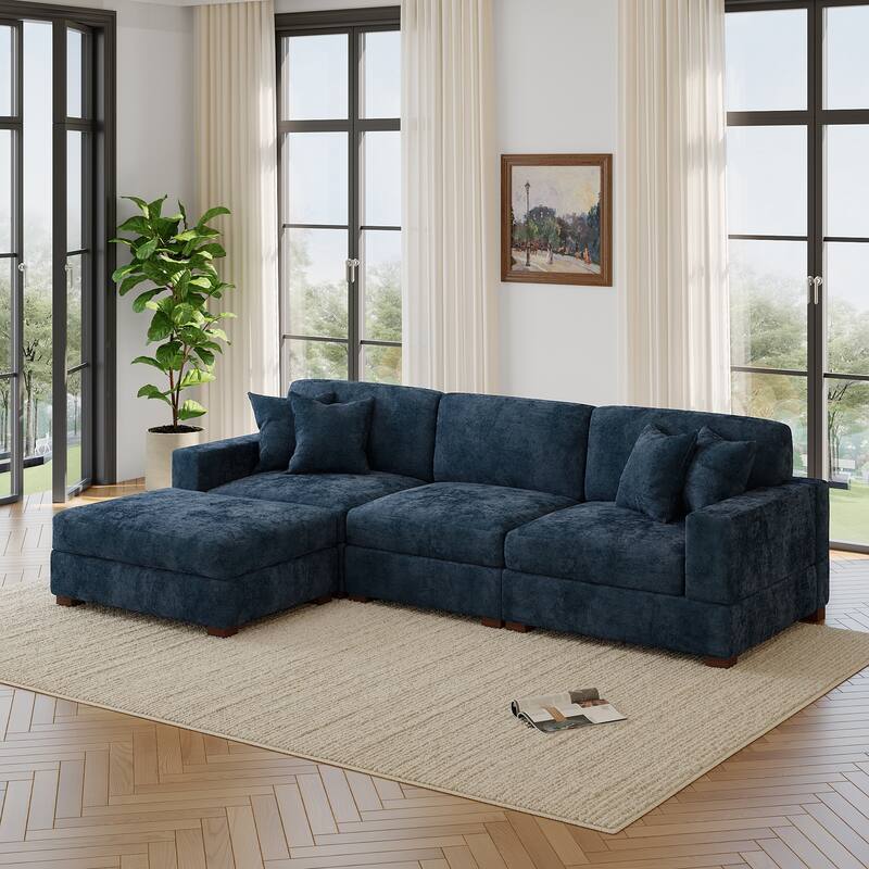 Modern Oversized Chenille Modular Sectional Sofa with Ottoman - Blue-4 Piece