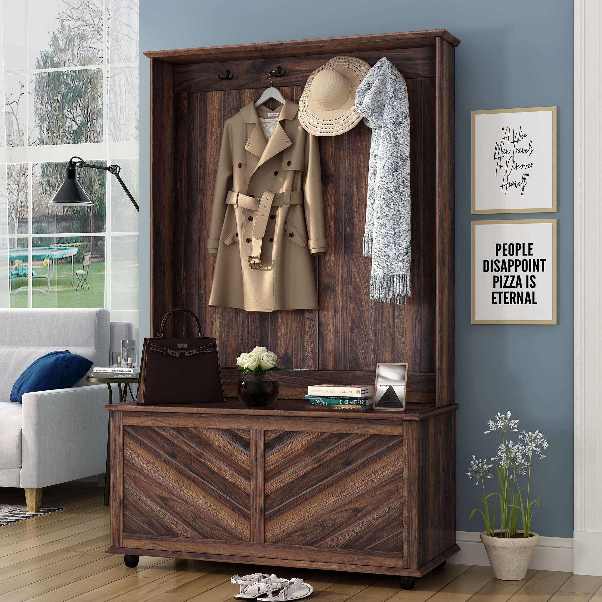 Hall Tree with Hooks,Coat Hanger,Storage Bench,3-in-1 Design
