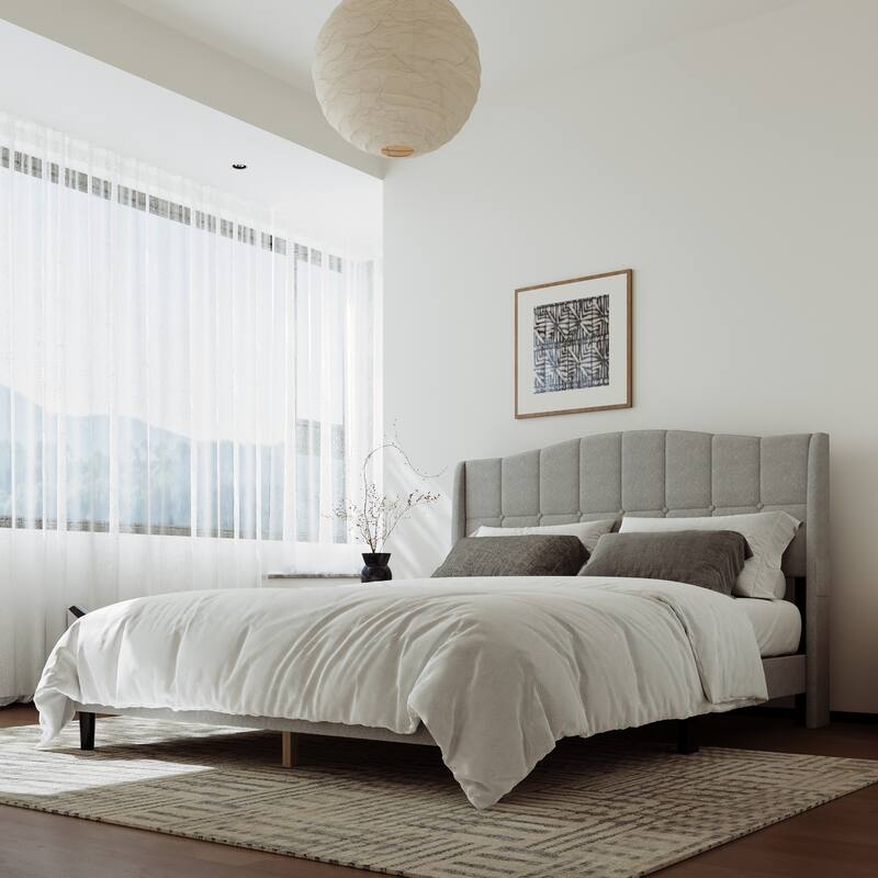 Upholstered Platform Bed Frame with Wingback Headboard and Wooden Slats