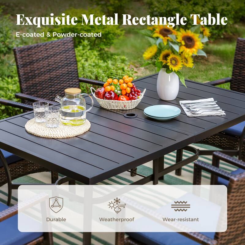 MAISON ARTS 7/8 Pieces Outdoor Patio Dining Set, 6 PE Rattan Chairs with Cushions and 1 Rectangle Metal Table