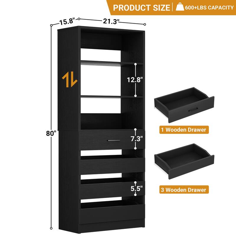 21.3" Storage Cabinet Bookshelf with Charging Station and 3 Wood Drawers, Freestanding Closet System with Storage Shelves