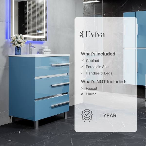 Eviva Olivia 24 in. W x 14 in. D x 34 in. H Bath Vanity in Blue with Single Sink and White Porcelain Top