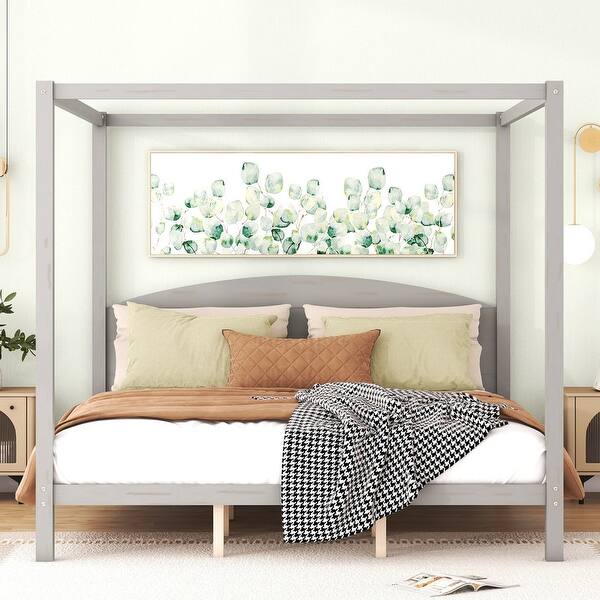 slide 2 of 17, 83.9"L Wood Canopy Bed Platform Bed with Headboard and Support Legs,King Size Grey