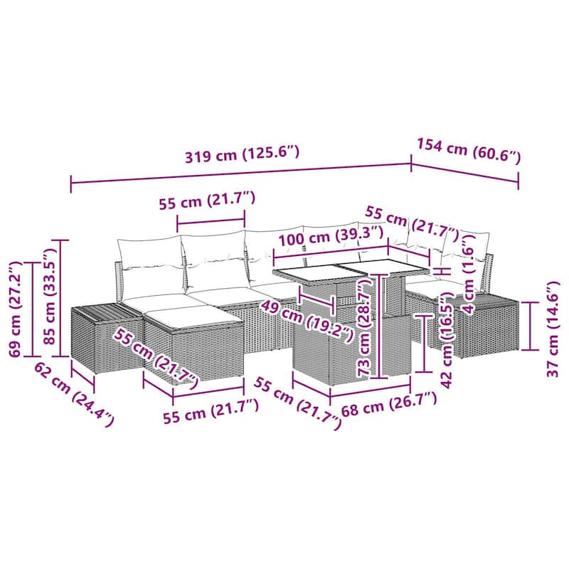 vidaXL 8 Piece Garden Sofa Set with Cushions - 125.6×60.6×27.2