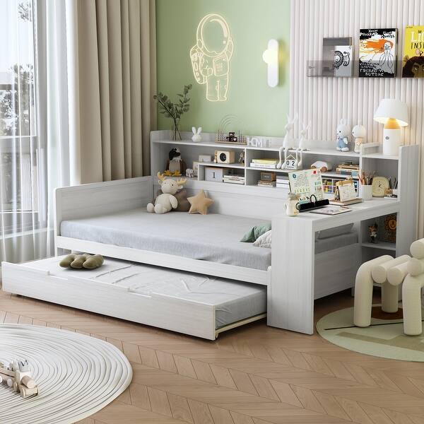 slide 2 of 56, Roomfitters Wooden Twin/Full Size Daybed with Storage Shelves, Multi-functional Bed with Twin Size Trundle Bed and Study Desk Antique White - Twin
