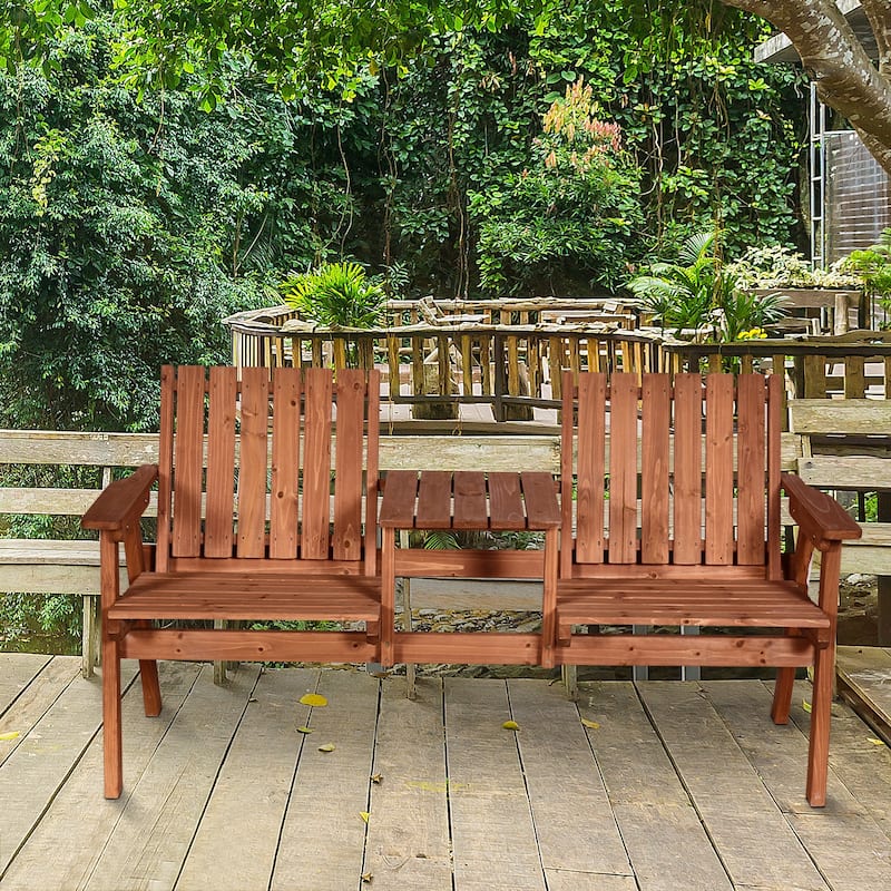 Outsunny Outdoor Patio Wooden Double Chair Garden Bench with Middle Table & Natural Weather-Fighting Materials - 60" x 28" x 31 - Wooden