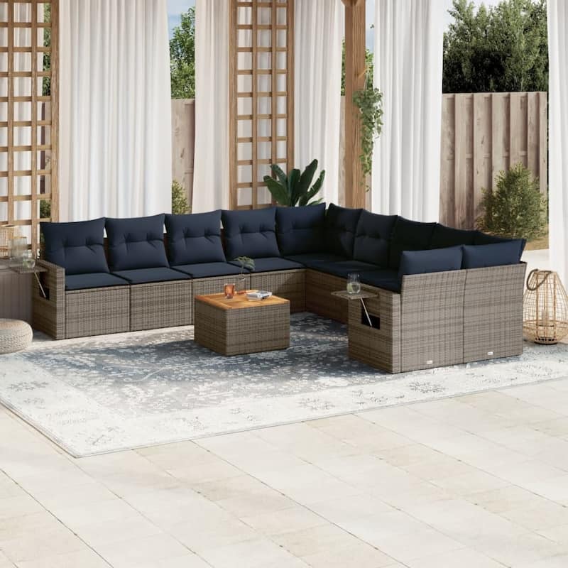 vidaXL 11 Piece Patio Sofa Set with Cushions Black Poly Rattan - 24.4" x 24.4" x 27.2" - Grey  - form4