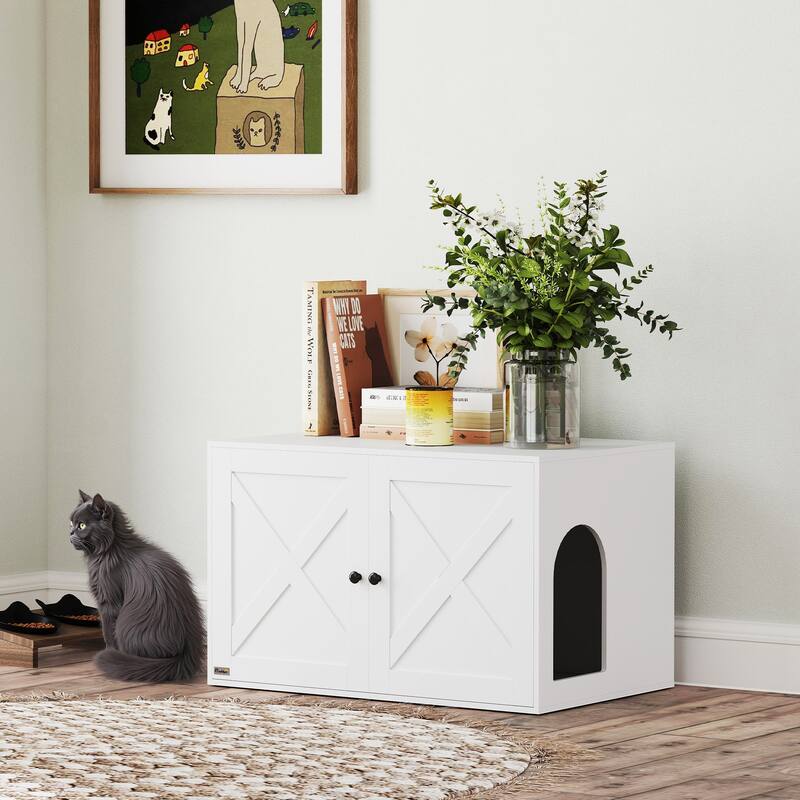 PawHut Cat Litter Box Enclosure, Hidden Litter Box Furniture with Barn Door, Cat Hole, Indoor Pet House Washroom, End Side Table