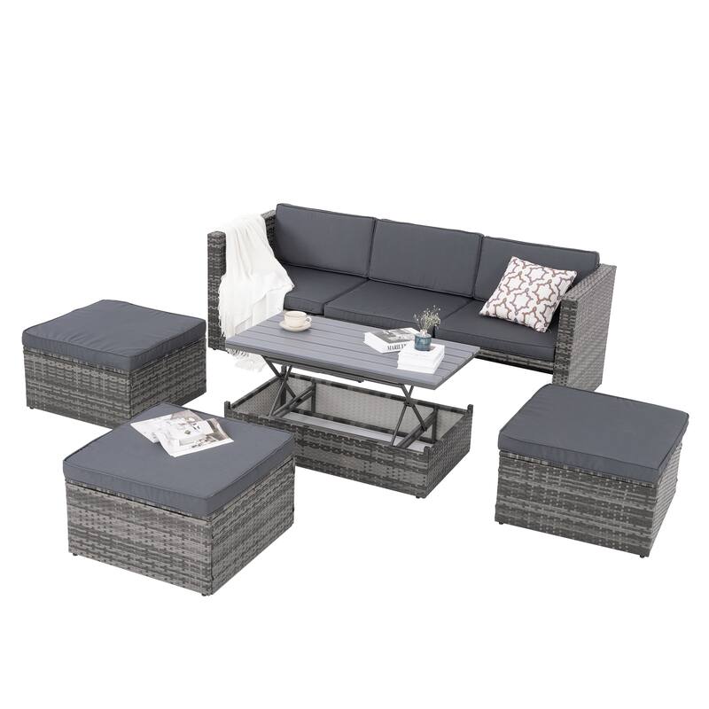 5 Piece Outdoor PE Wicker Sofa Set, Patio Conversation Furniture Set with Lift TOP Coffee Table and Lounger Sofa