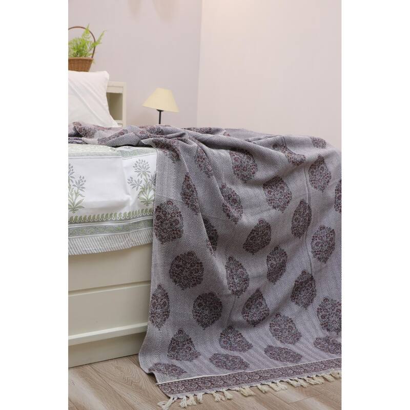 Fabdivine Guldasta Handcrafted Cotton Blanket - Floral Print Throw for Living Room, Bed, or Sofa with Hand-Tied Fringe, 90"x54"