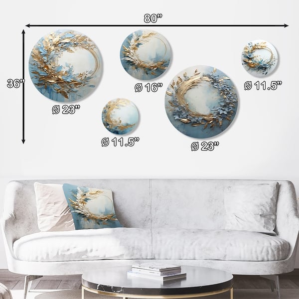 Designart "Blue And Gold Wreath Flower" Wreath Wall Art Set of 5 - Traditional Beige Bedroom Metal Wall Art Set