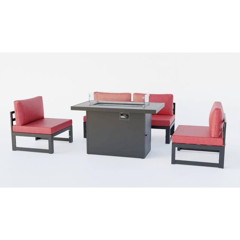 LeisureMod Chelsea 5-Piece Outdoor Patio Chairs and Fire Pit Table Set - Red