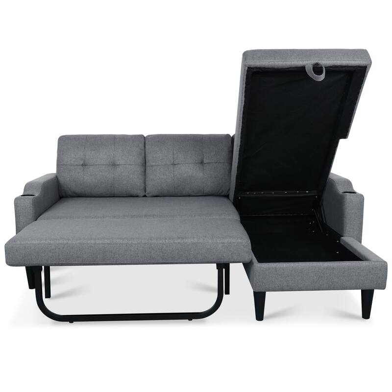 Pull Out Couch, L Shaped Convertible Sleeper Sofa Bed with Hidden Storage, 3-in-1 Upholstered Sectional Sofa with Cup Holder