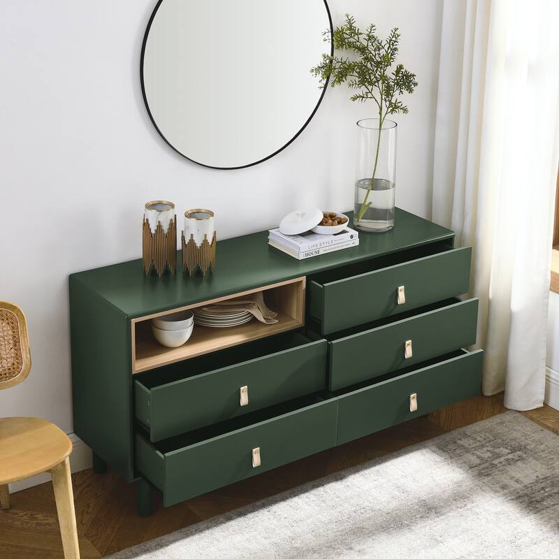 Modern 5 Drawer 55.12 in. Dresser Wood Storage Cabinet with Leather Handle, Open Shelf Drawer Cabinet