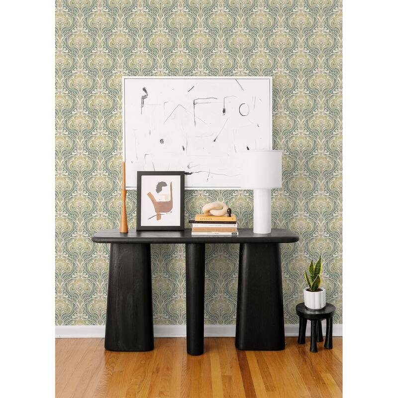 A-Street Prints Mucha Teal Botanical Ogee Wallpaper