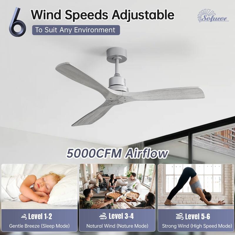 Sofucor 48/52 Inch Ceiling Fan with Light, Solid Wood Blades for Living Room, Bedroom,Smart Optional