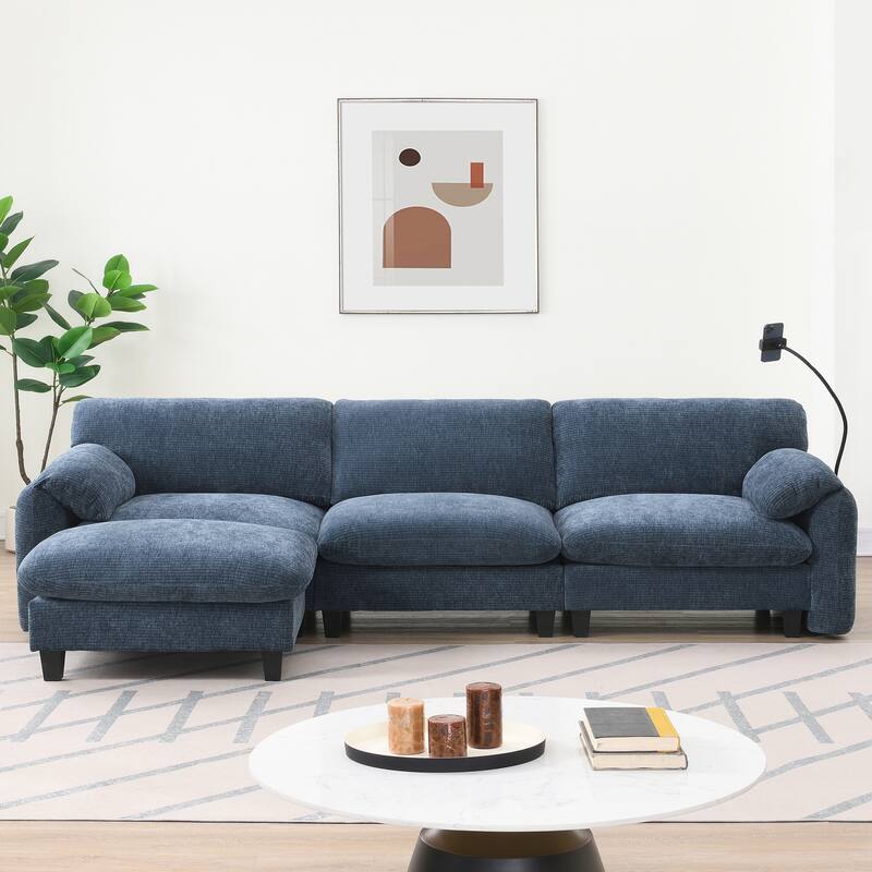 108" Modular U-Shape 4 Seat Sectional Sofa with USB and Type-C Charger, Phone Holder and 2 Side Storage Pockets and Ottoman
