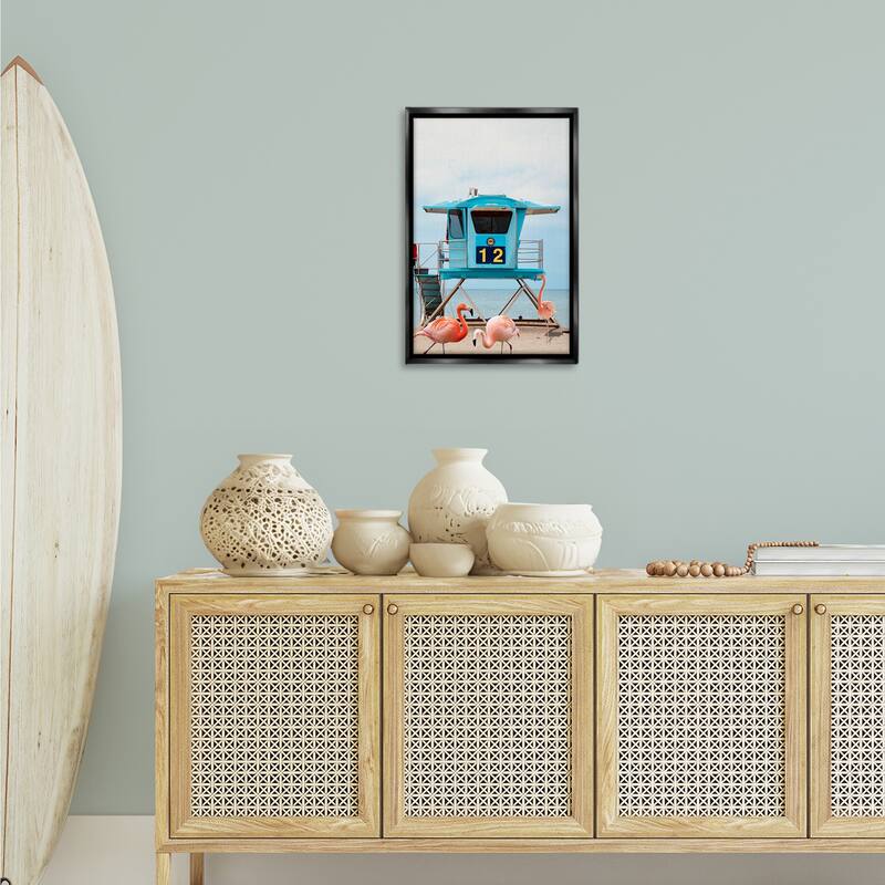 Stupell Beach Shore with Flamingoes Framed Floater Canvas Wall Art Design By Ashley Singleton