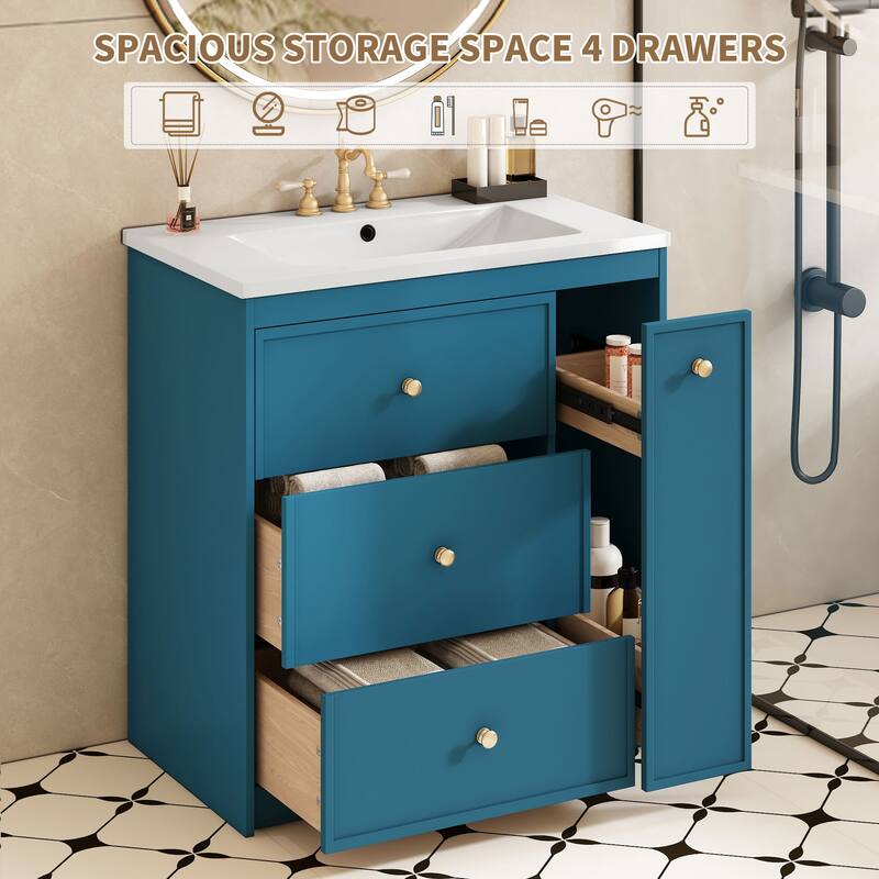 Roomfitters 30" Vanity with Ceramic Sink, Freestanding Cabinet with 4 Drawers, Modern Storage Solution for Bathroom, Blue