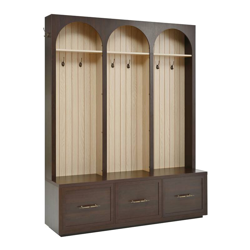 Farmhouse Wooden Style Hall Tree with Arched Design, 59" Wide Entryway Bench with 8 Retro Hooks, Coat Rack & Shoe Organizer