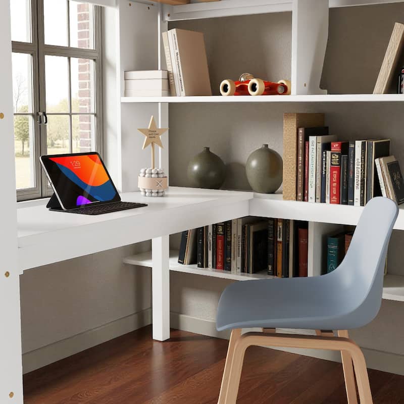Twin Size Loft Bed with Desk and Shelves, Solid Pine Wood Frame with Guardrails and Built-in Ladder
