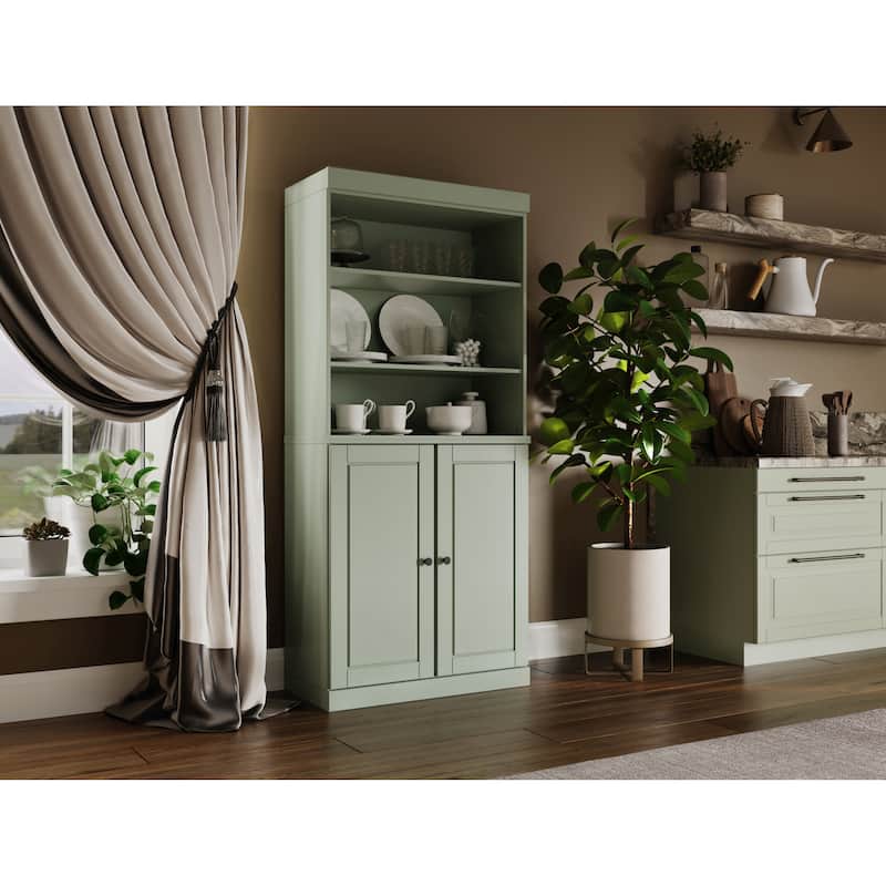 100% Solid Wood Kitchen Pantry Cabinet with 2 Clear Glass or Solid Wood Doors and 2-Drawer Organizer by Palace Imports