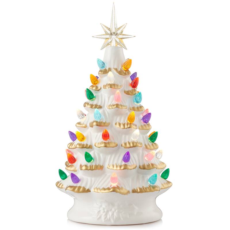 12in Hand Painted Ceramic Christmas Tree PreLit Tree with Star - White - Gold