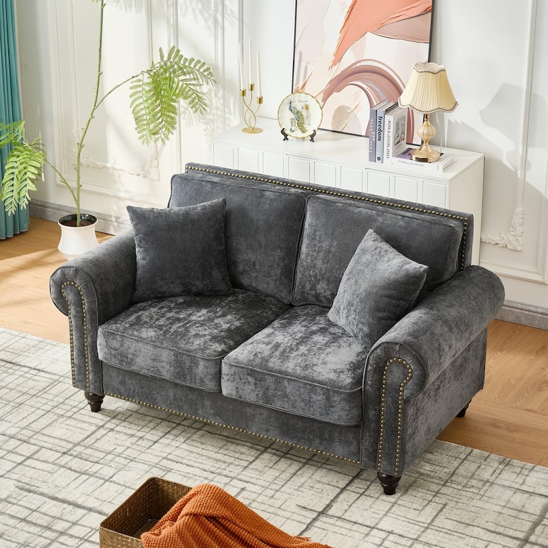 Loveseat with Rolled Armrest, Chenille Upholstered Fabric Sofa, 2-Seater Couch with Solid Wood Legs & Nailhead Trim