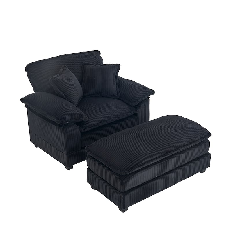 56.3 Inch Corduroy Single Deep Seat Sofa Chair With 2 Toss Pillows and a Ottoman