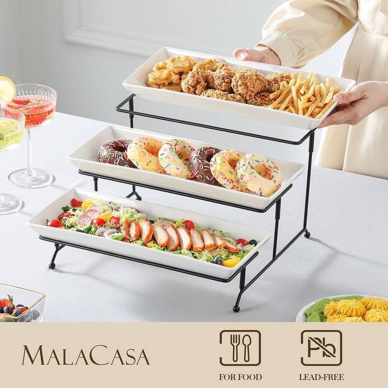 MALACASA PLAT 3-Tier 12" & 14" Porcelain Dessert Stand Black Iron Base
