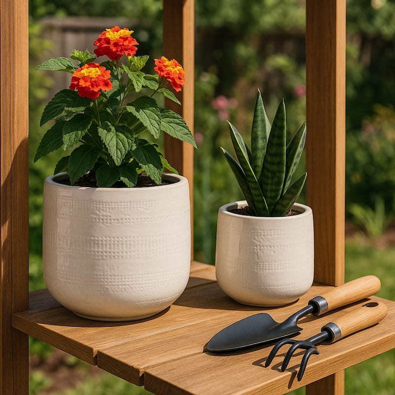 Clay Decorative Planters Dots Lines Modern (Set of 2) - 10" White - 12" x 12" x 10"