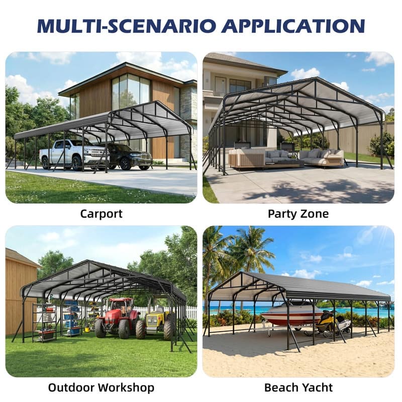 Erommy Outdoor Carport with Galvanized Steel Roof, Heavy-Duty All-Weather Shelter for Cars, Boats and Equipment
