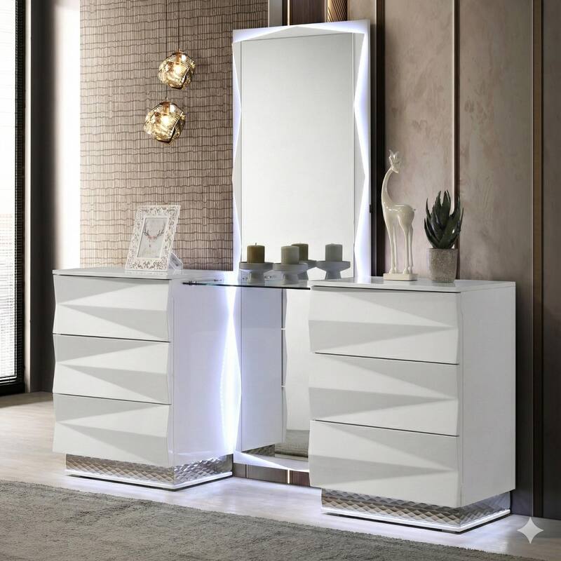 Furniture of America Emrix Modern White 6-Drawer Vanity with LED Light and Full-Length Mirror - White