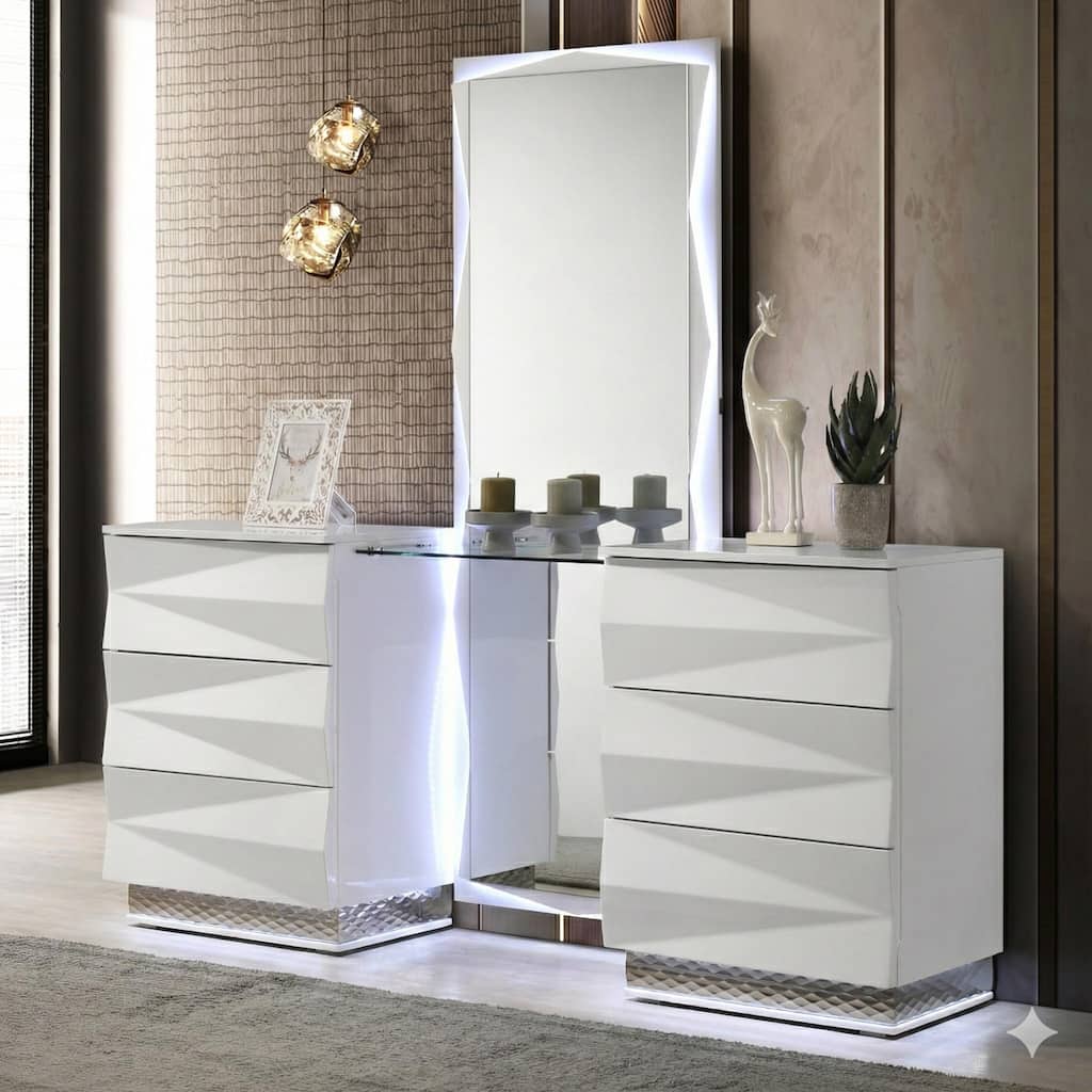 Furniture of America Emrix Modern White 6-Drawer Vanity with LED Light and Full-Length Mirror
