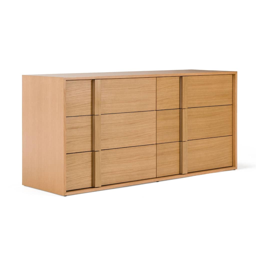 Lina 65 Inch Wide Dresser, 6 Drawers, Natural Brown Oak Veneer Frame