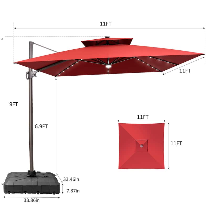11X11 FT Outdoor Patio Cantilever Umbrella Solar LED Lighted with Wheel Base