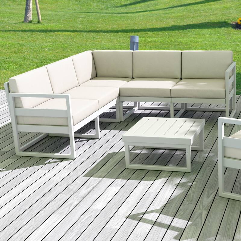 30" White Outdoor Patio Extension Lounge Chair with Natural Sunbrella Cushion